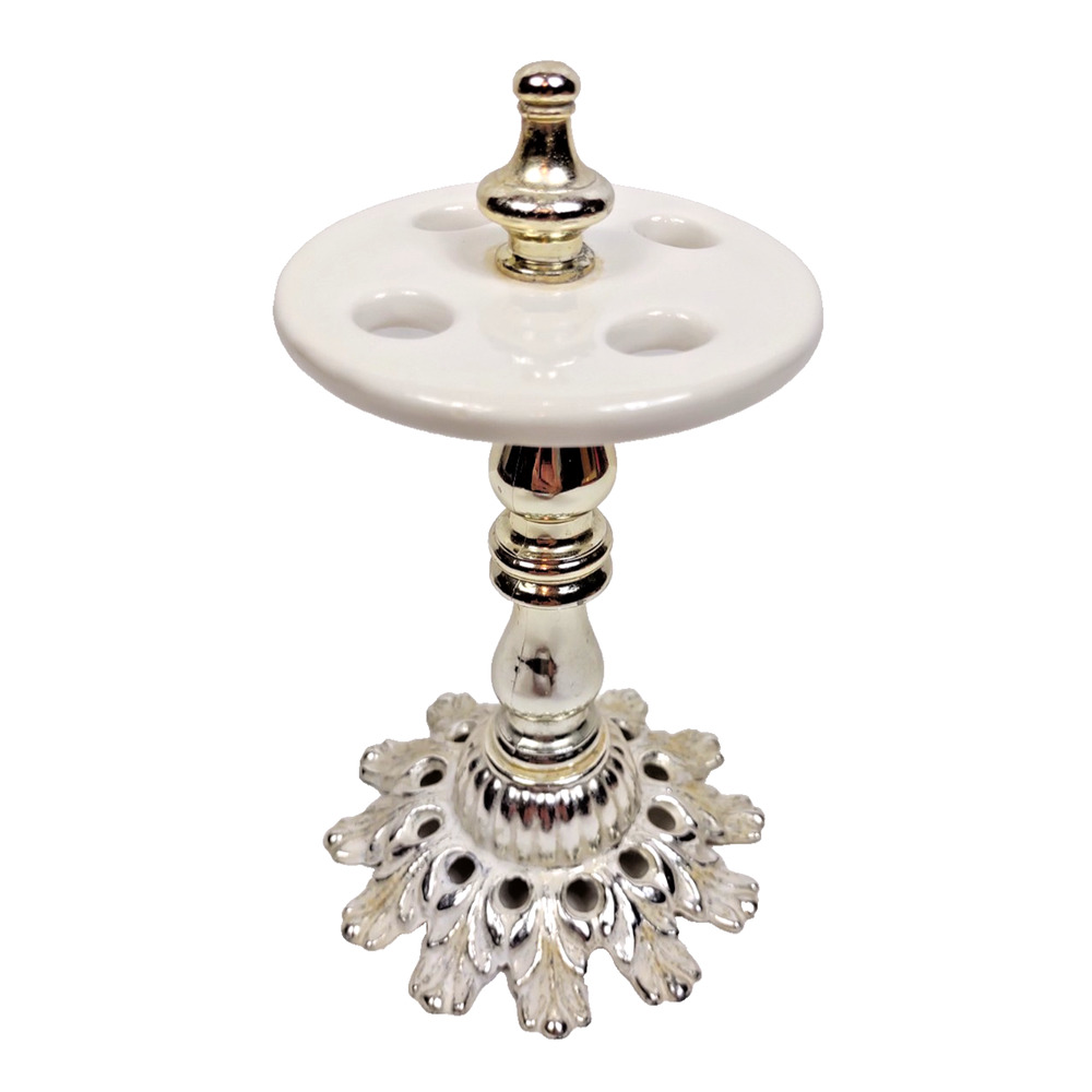 VTG Fancy Silver & Gold Tone Metal, Ceramic and Plastic Toothbrush Holder Stand